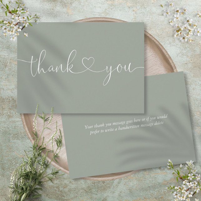 Elegantes Minimalistisch Sage Green Script Heart Dankeskarte (Elegant Minimalist Sage Green Script Heart Thank You Card)