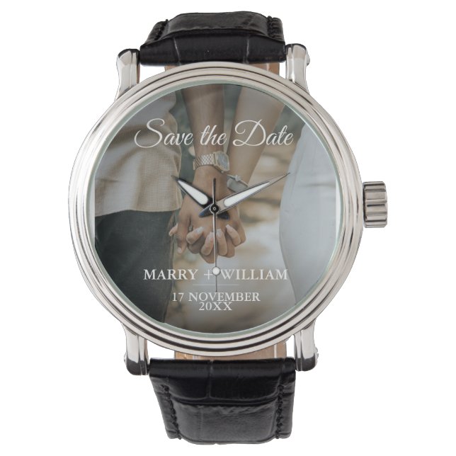 Elegantes Minimalistisch trendy Save the Date Foto Armbanduhr (Vorderseite)