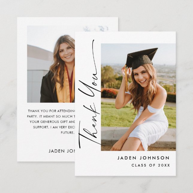 Elegantes Minimalistisches Abschluss 2 Foto Dankeskarte (Vorne/Hinten)