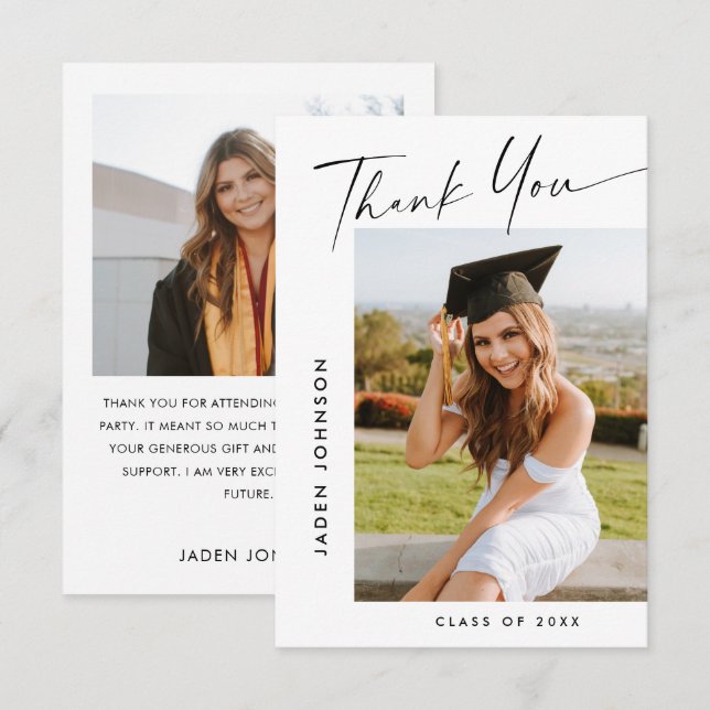 Elegantes Minimalistisches Abschluss 2 Foto Dankeskarte (Vorne/Hinten)
