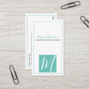 Elegantes Minimalistisches Aqua + Script #Monogram Visitenkarte