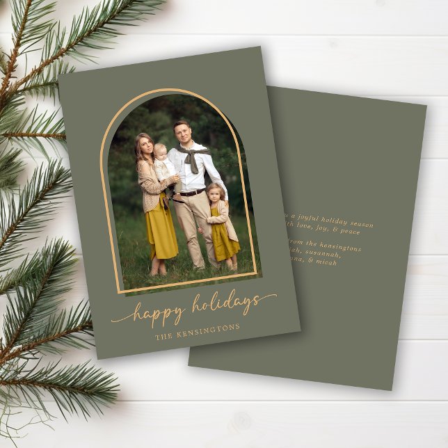 Elegantes Minimalistisches Arch Green Gold Foto (Elegant Minimalist Arch Green Gold Holiday Photo)