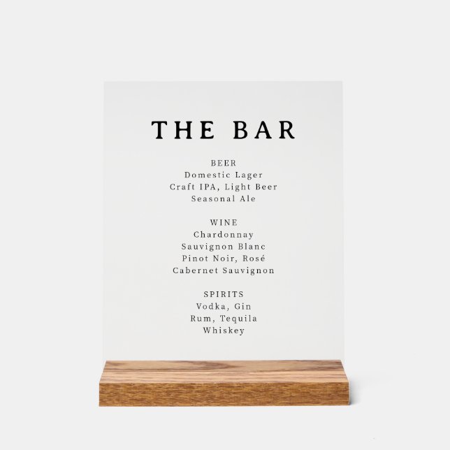 Elegantes minimalistisches Bar-Menü-Schild Acrylschild (Vorderseite)