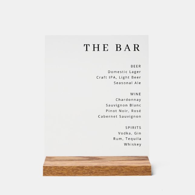 Elegantes minimalistisches Bar-Menü-Schild Acrylschild (Vorderseite)