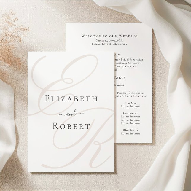 Elegantes Minimalistisches Beige Monogram Wedding  Programm (Elegant Minimalist Beige Monogram Wedding Program on an elegant white silky tableclothes)