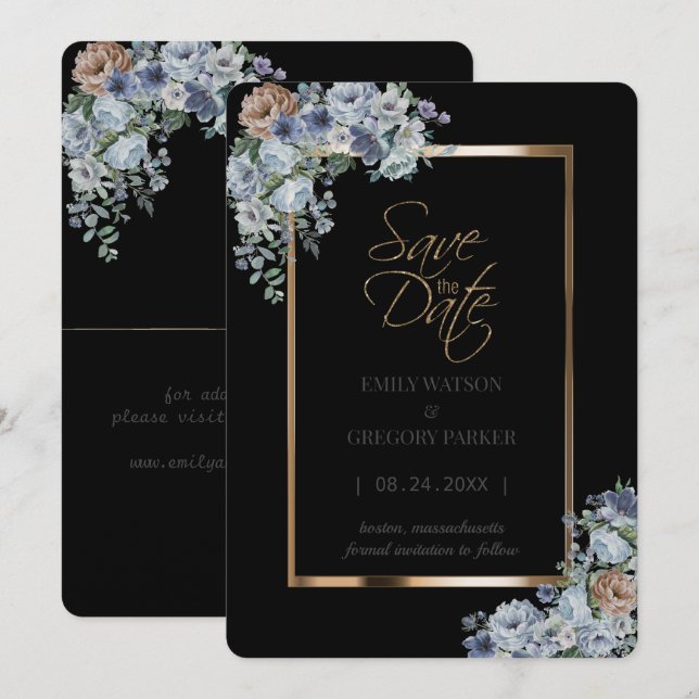 Elegantes Minimalistisches Blumengold Save the Dat Date (Vorne/Hinten)