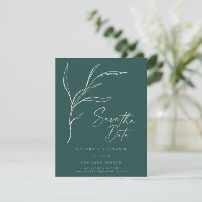 Elegantes Minimalistisches Blumengrün Personalisie Save The Date (Stehend Vorderseite)