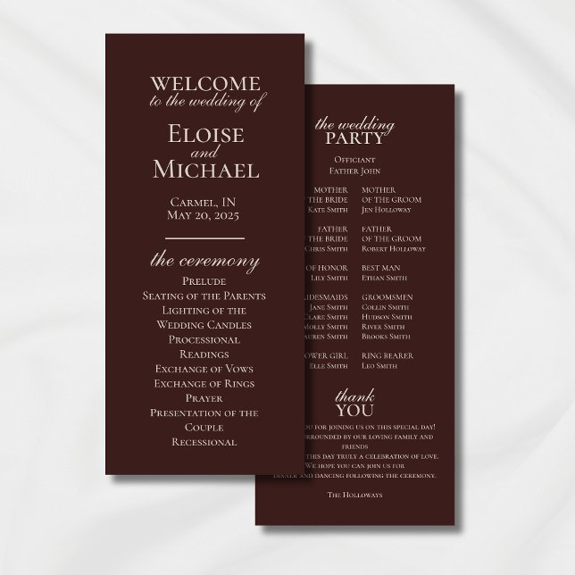 Elegantes Minimalistisches Braun-Hochzeitsprogramm (Modern Elegant Mousse Brown Wedding Suite Theme with options to personalize for your special day.)
