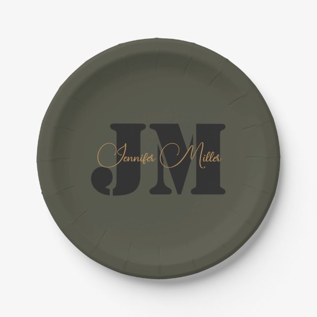 Elegantes minimalistisches dunkles Oliven-Monogram Pappteller (Vorderseite)