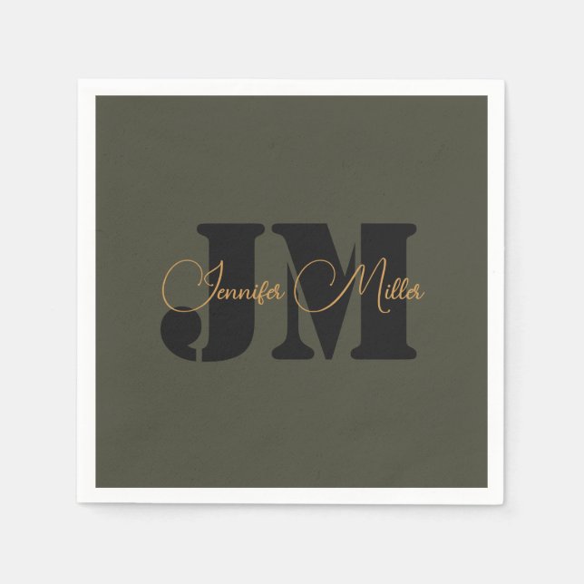Elegantes minimalistisches dunkles Oliven-Monogram Serviette (Vorderseite)