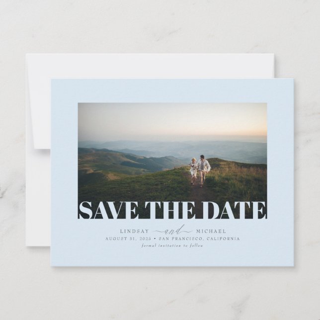 Elegantes Minimalistisches Dusty Blue Save the Dat Date (Vorderseite)
