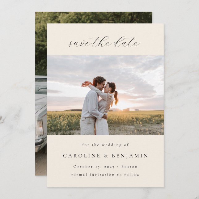 Elegantes Minimalistisches Elfenbeinskript Hochzei Save The Date (Vorne/Hinten)