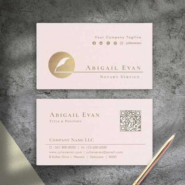 Elegantes Minimalistisches Feather Icon Rosa & Gol Visitenkarte (Elegant Minimalist Feather Icon Blush Pink & Gold Business Card)