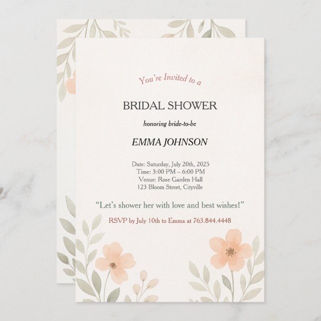 Elegantes Minimalistisches florales Brautparty Einladung (Vorne/Hinten)