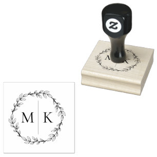 Elegantes Minimalistisches Foliage Wreath Monogram Gummistempel