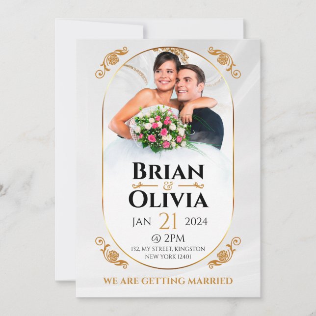 Elegantes Minimalistisches Hochzeitsfest in Weiß u Einladung (Vorderseite)