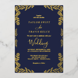 Elegantes Minimalistisches Leaf |Gold Foil Navy Bl Folieneinladung