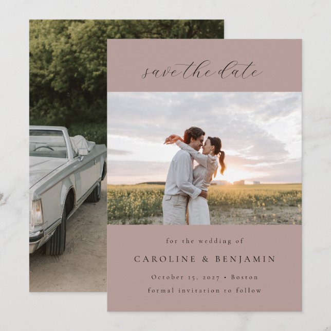 Elegantes Minimalistisches Mauve Script Wedding Tw Save The Date (Vorne/Hinten)