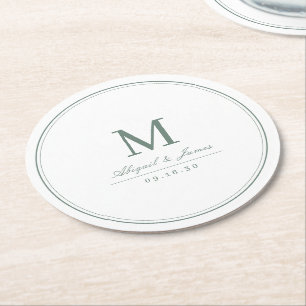 Elegantes, minimalistisches Monogramm in Salbeigrü Runder Pappuntersetzer
