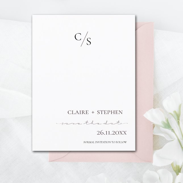 Elegantes Minimalistisches Monogramm Schwarz-weiße Ankündigungspostkarte (Elegant Minimalist Monogram Black White Wedding Announcement Postcard)