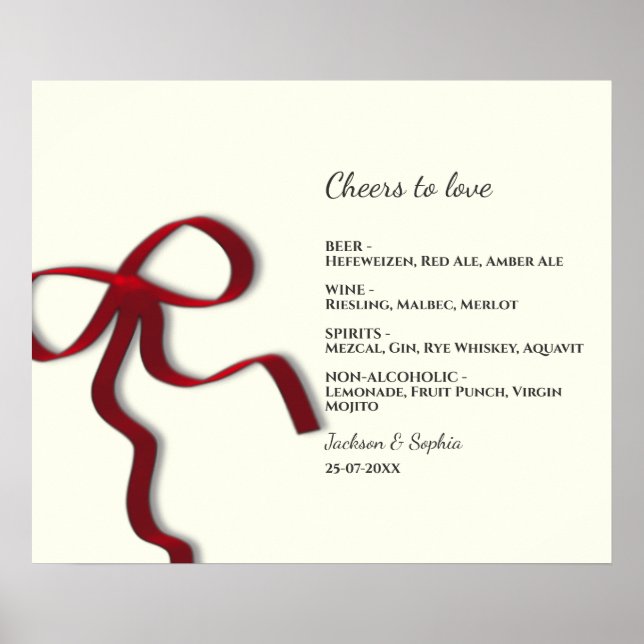 Elegantes Minimalistisches Red Bow Einfaches Menü Poster (Vorne)