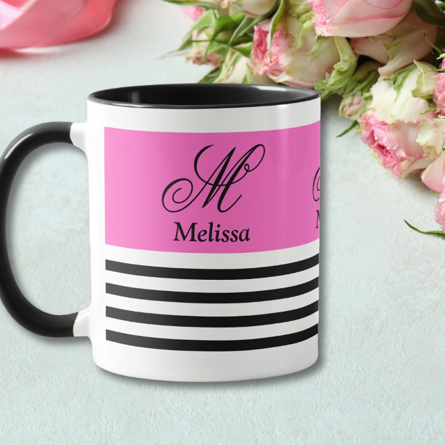 Elegantes Minimalistisches Schwarz-Weiß-Rosa-Band Tasse (Von Creator hochgeladen)