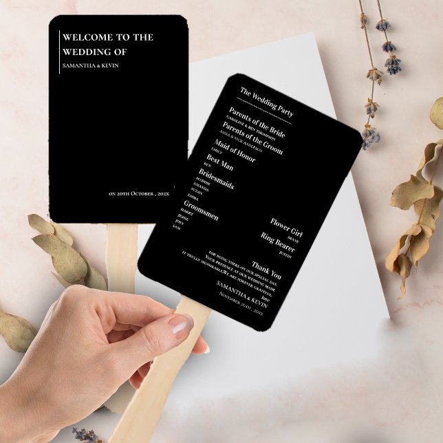 Elegantes Minimalistisches Schwarz-weißes Hochzeit Fächer (Elegant Minimalist Black White Wedding Program Hand Fan)