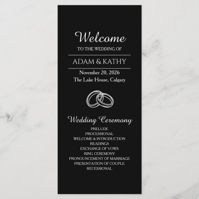Elegantes minimalistisches schwarz-weißes Hochzeit Programm (Vorderseite)