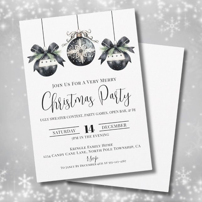 Elegantes Minimalistisches Schwarz-weißes Weihnach Einladung (Elegant Minimalist Black White Christmas Party Invitation)
