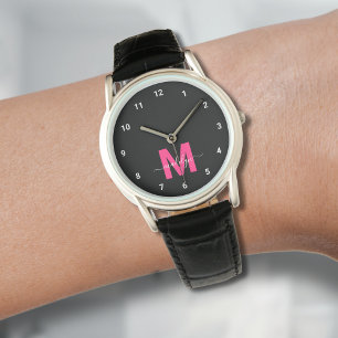 Elegantes minimalistisches schwarzes Pink-Monogram Armbanduhr