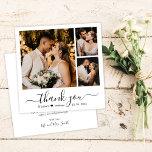 Elegantes Minimalistisches Script 3 Foto Collage W Dankeskarte<br><div class="desc">Simle Minimalistisch Elegant "Danke" Script 3 Foto Collage benutzerdefinierte personalisierte Hochzeit Dankeschön Karte. Stilvolle Hochzeit dank Kartenvorlage mit drei (3) Foto vorne (Raster Foto Collage) und einem Foto auf der Rückseite. Mit dem Text "Vielen Dank" in einer Wirblen Hand Schrift geschrieben Typografie Swash-Schwanz Schriftart in schwarz auf weißem Hintergrund. Einfach...</div>