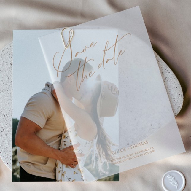 Elegantes Minimalistisches Script-Foto (Elegant White Minimalist Script Photo Vellum Invitations)