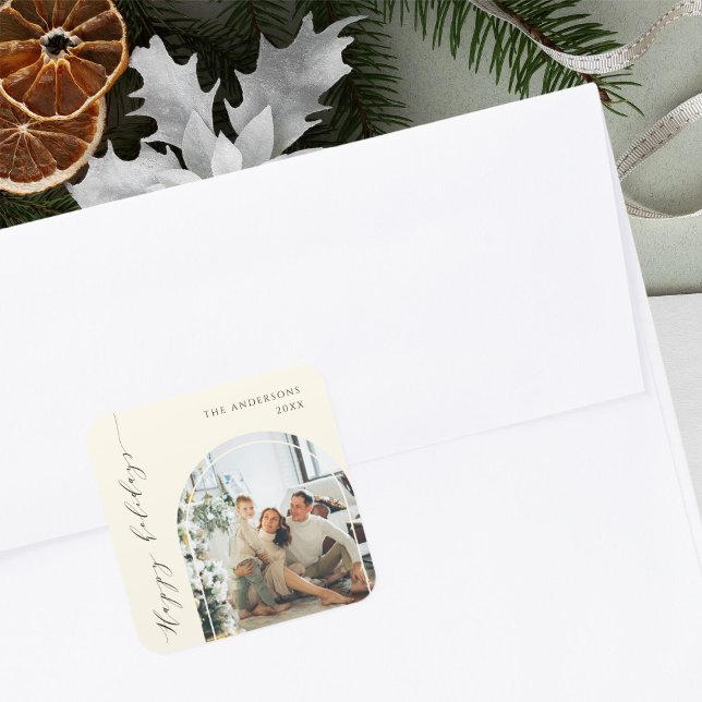 Elegantes Minimalistisches Script Happy Holidays F Quadratischer Aufkleber (Von Creator hochgeladen)