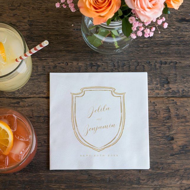 Elegantes Minimum Wappen Paare Name & Hochzeitdatu Servietten Mit Folie (Western Horseshoe Monogram Crest Wedding Foil Napkins)