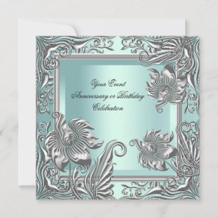 Elegantes Mint Blue Silver Floral Party Einladung