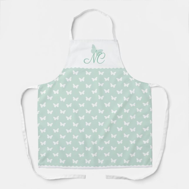 Elegantes Mint Green Monogram Butterfly Muster Schürze (Vorderseite)
