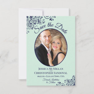 Elegantes Mint Green & Navy Blue Oval Foto Hochzei Save The Date