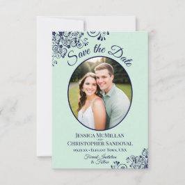 Elegantes Mint Green & Navy Blue Oval Foto Hochzei Save The Date