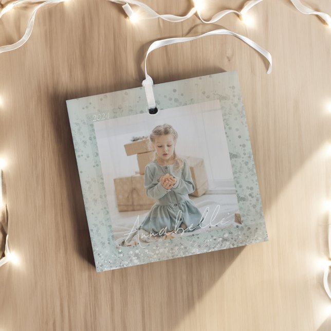Elegantes Mint Green Silver Glitzer Sparkle Foto Ornament Aus Glas (Elegant Mint Green Silver Glitter Sparkle Photo Glass Ornament)