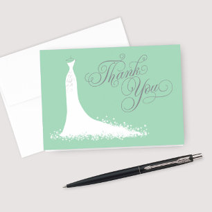 Elegantes mint- und graues Hochzeitskleid Brautpar Dankeskarte