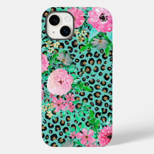 Elegantes Minze Leopard Print und Blumendesign Case-Mate iPhone 14 Plus Hülle
