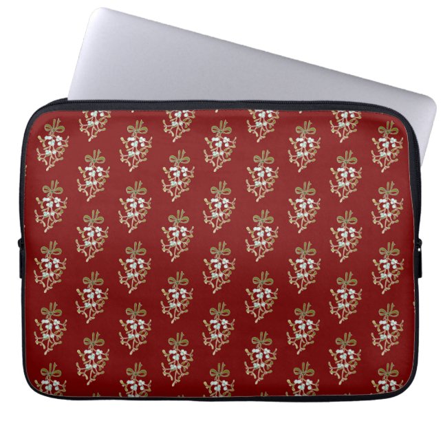 Elegantes Mistletoe Muster auf Rot Laptopschutzhülle (Vorderseite)