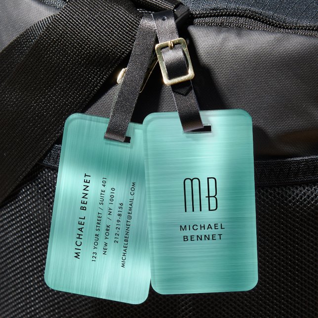 Elegantes, Mit Monogramm, Aquamarines, grünes Bürs Gepäckanhänger (Elegant Monogrammed Teal Green Brushed Metal Luggage Tag)