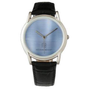 Elegantes, Mit Monogramm, blaues Bürstenmetall Armbanduhr