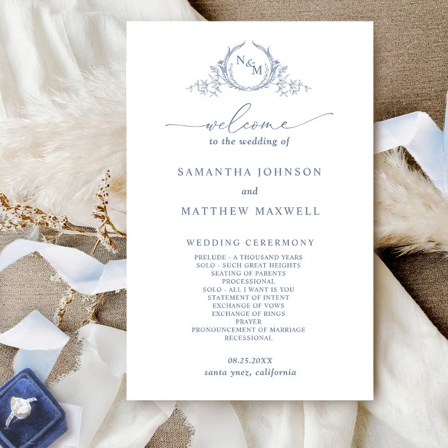 Elegantes Mit Monogramm Dusty Blue Wedding Program (Von Creator hochgeladen)