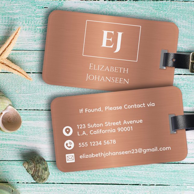 Elegantes, Mit Monogramm, Girly Copper Foil Metal Gepäckanhänger (Von Creator hochgeladen)