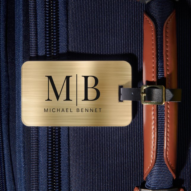 Elegantes Mit Monogramm-Gold-Brushed-Metallic Gepäckanhänger (Vorderseite Insitu 4)