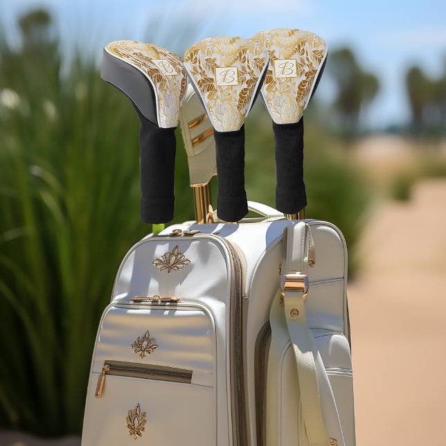Elegantes Mit Monogramm Gold und Elfenbeinküste Mo Golf Headcover (Luxury  Monstera Leaf Gilded Golf Golf Head Covers )