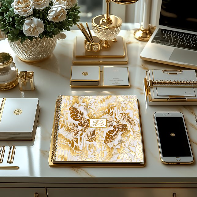 Elegantes Mit Monogramm Gold und Elfenbeinküste Mo Notizbuch (Beautiful Luxe Gilded Gold Monstera Leaf Monogrammed Notebook/Soft Cover Glossy, Hardcover Matte )