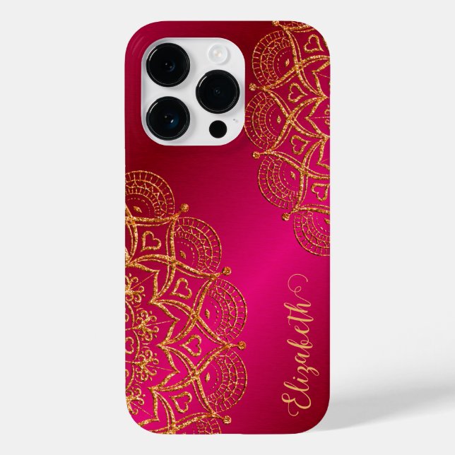 Elegantes Mit Monogramm Hot Pink und Gold Mandala Case-Mate iPhone Hülle (Rückseite)